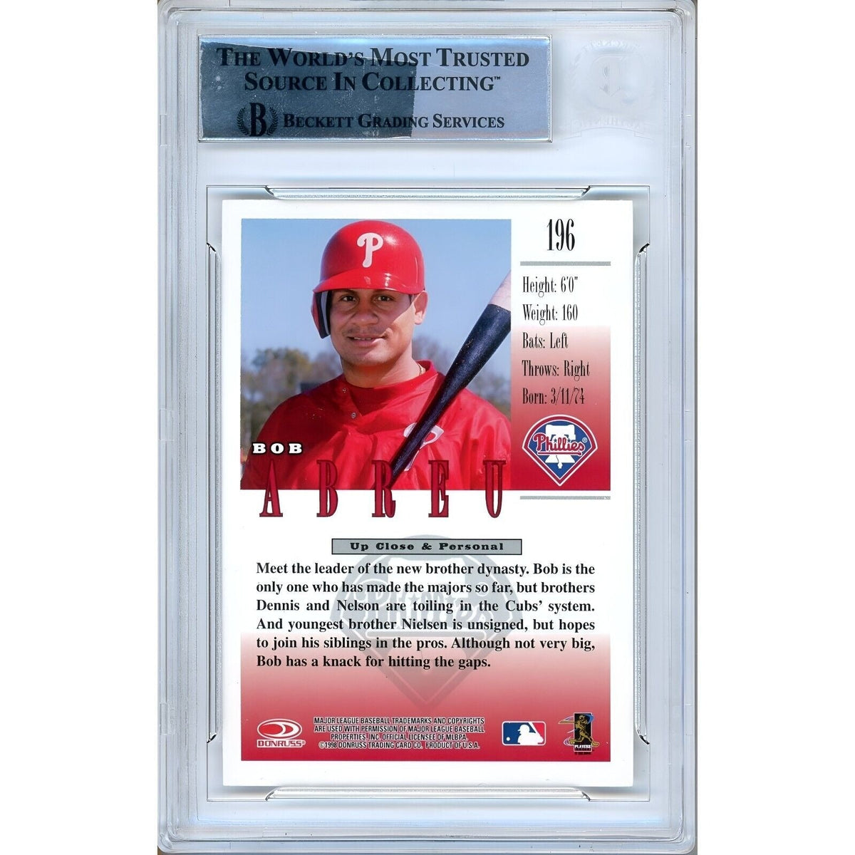 Bobby Abreu Phillies Signed 1998 Donruss Studio Baseball Card Beckett Authentic Auto Slab product image 2, provided for