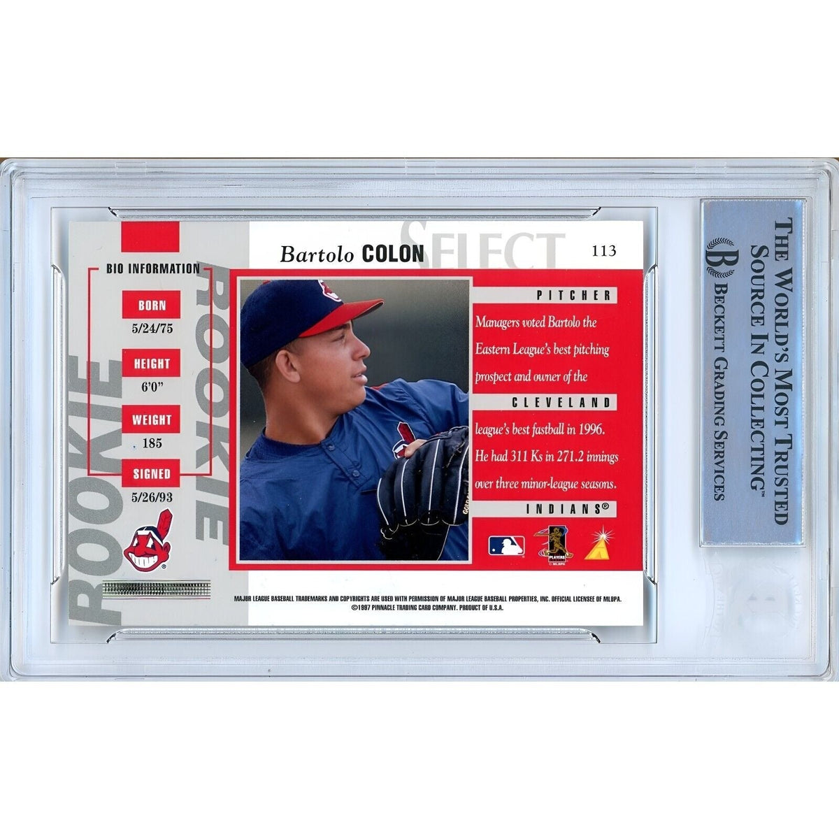 Bartolo Colon Cleveland Indians Signed 1997 Pinnacle Select Card Beckett Auth Auto Slab product image 2, provided for visual