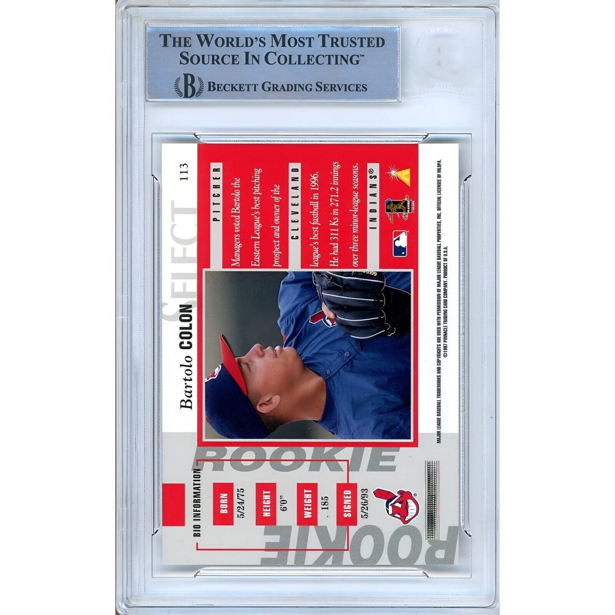 Bartolo Colon Cleveland Indians Signed 1997 Pinnacle Select Card Beckett Auth Auto Slab product image 3, provided for visual