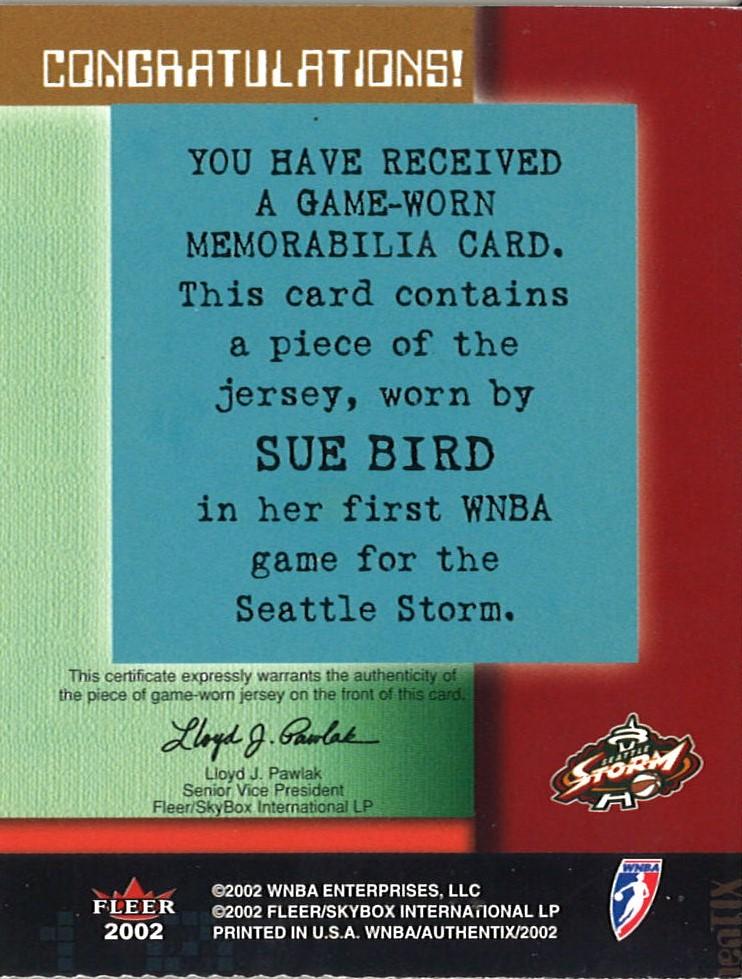 Sue Bird Autographed Game Worn Seattle Storm Debut Jersey Card (Sue Bird LOA) product image 2, provided for visual reference