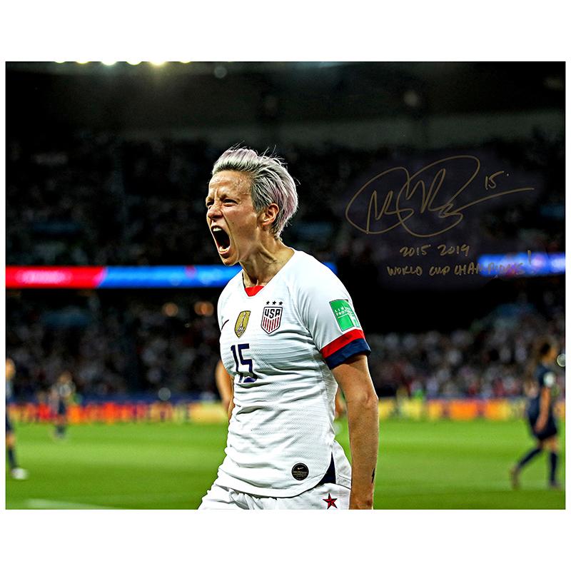 Megan Rapinoe Autographed & Inscr. "2015 2019 World Cup Champions" Screaming 16x20 Photo product image 1, provided for