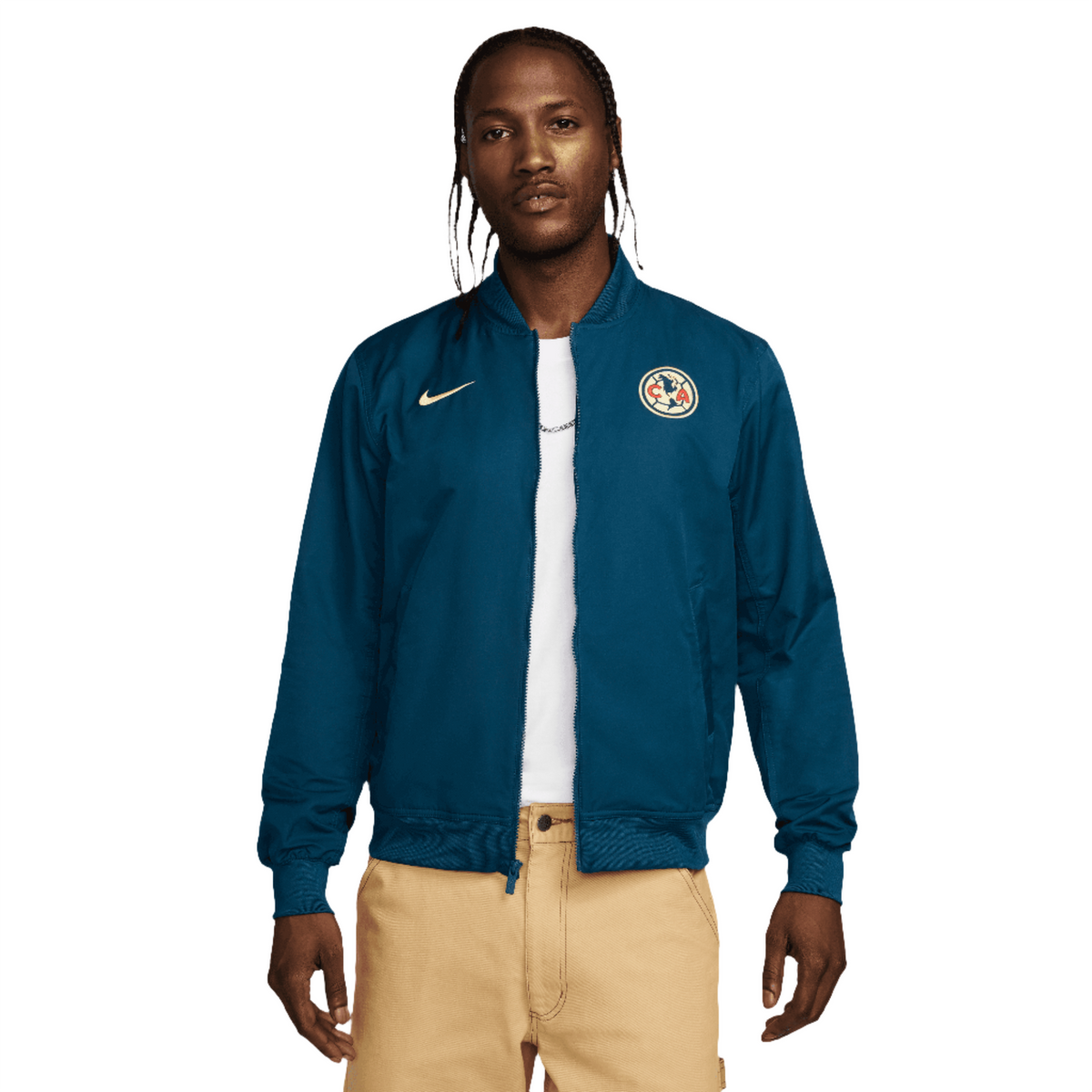 Nike Men Club América Soccer Woven Unlined Bomber Jacket - Navy product image 1, provided for visual reference and product