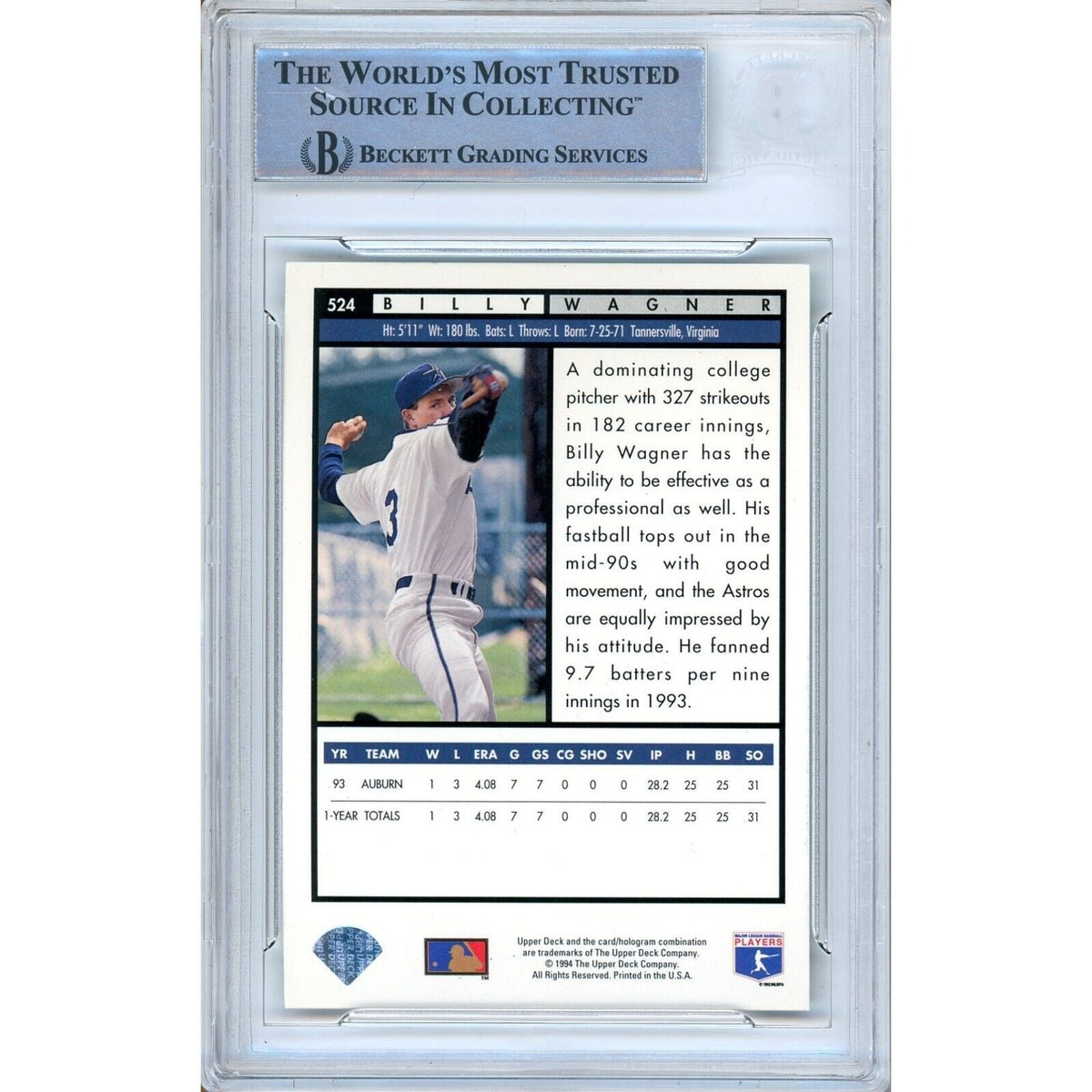 Billy Wagner Houston Astros Signed 1994 Upper Deck Rookie Card BAS Auth Auto Slab product image 2, provided for visual