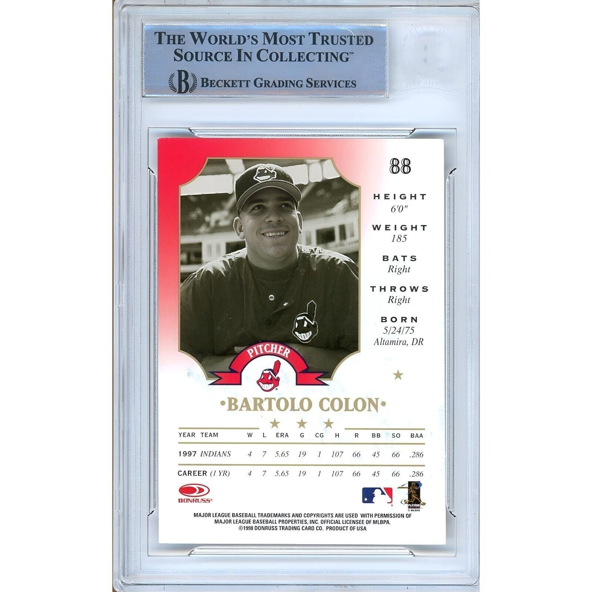 Bartolo Colon Cleveland Indians Signed 1998 Leaf Baseball Card Beckett Authentic Auto Slab product image 2, provided for