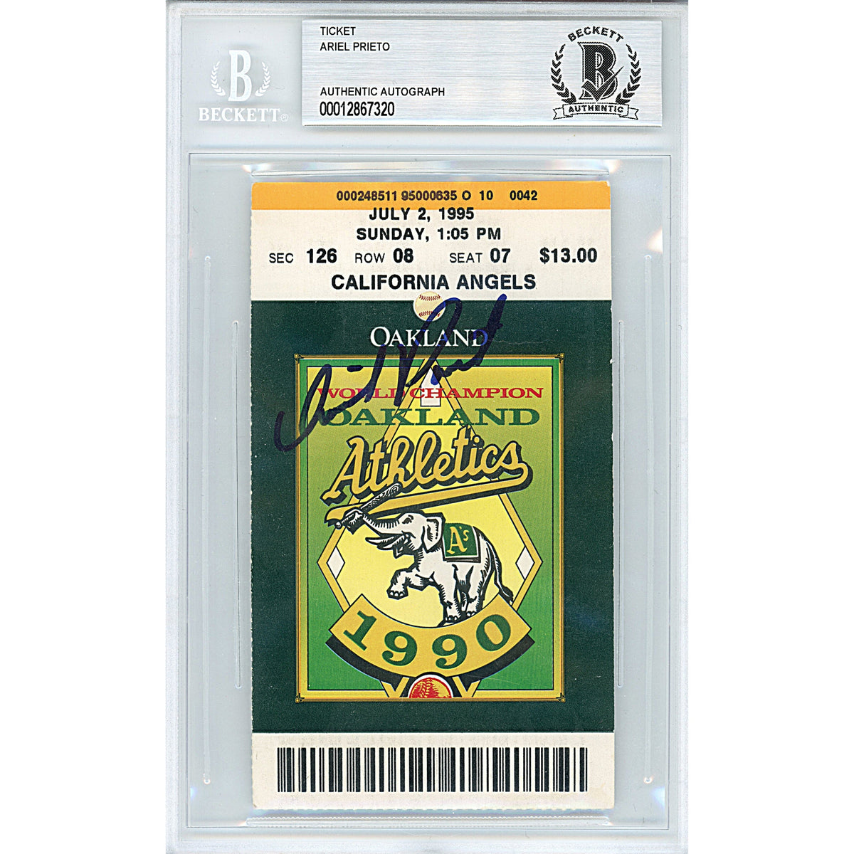 Ariel Prieto Signed Oakland Athletics MLB Debut Game Ticket Stub Beckett BAS Slabbed product image 1, provided for visual