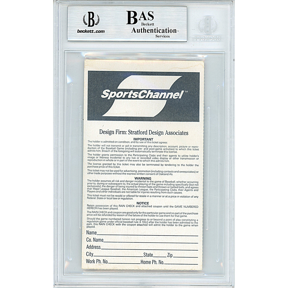 Ariel Prieto Signed Oakland Athletics MLB Debut Game Ticket Stub Beckett BAS Slabbed product image 2, provided for visual