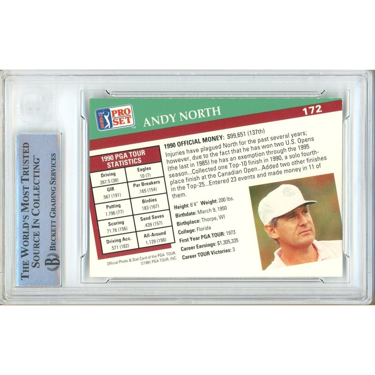Andy North Signed 1991 PGA Tour Pro Set Golf Trading Card Beckett Authentic Auto Slab product image 2, provided for visual