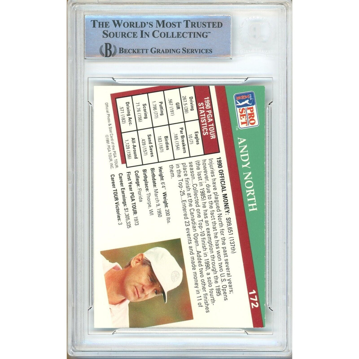 Andy North Signed 1991 PGA Tour Pro Set Golf Trading Card Beckett Authentic Auto Slab product image 3, provided for visual