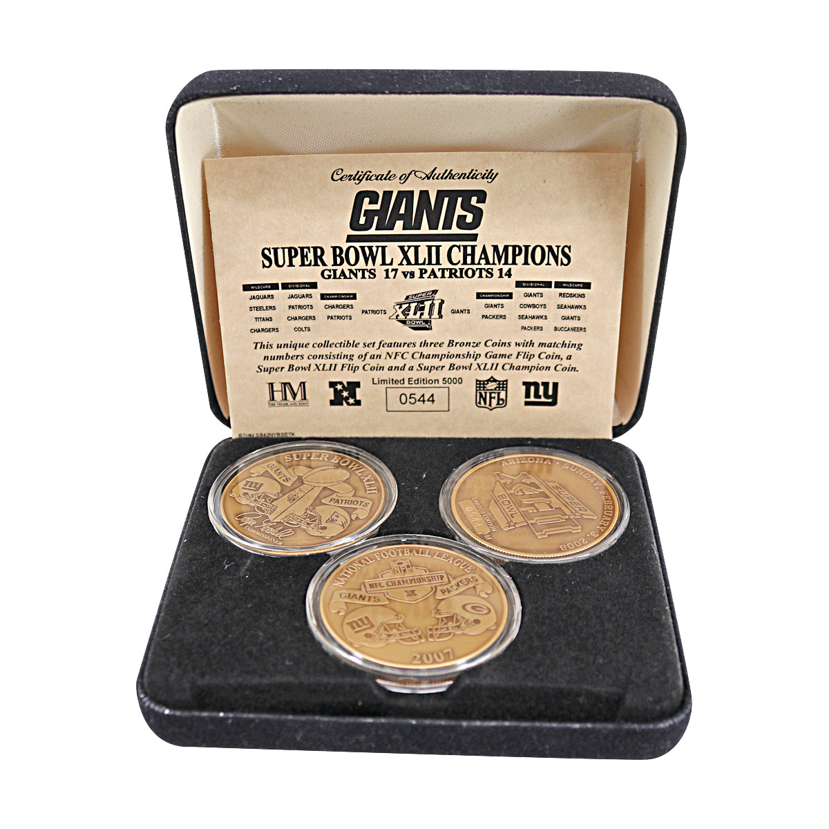 New York Giants Championship 2.3.08 Highland Mint 3 Bronze Coin Set LE 544/5000 product image 1, provided for visual