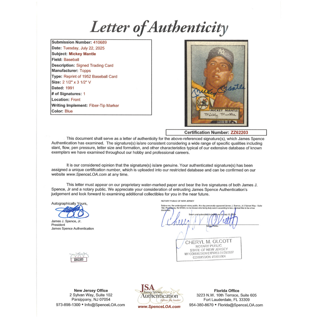 Mickey Mantle New York Yankees Autographed Signed 1952 Topps Reprint RC JSA LOA product image 3, provided for visual