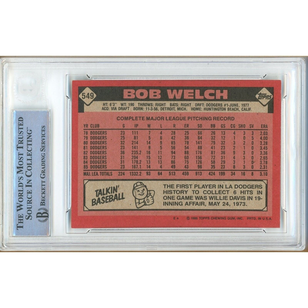 Bob Welch Los Angeles Dodgers Signed 1986 Topps Baseball Card Beckett Auth Auto Slab product image 2, provided for visual