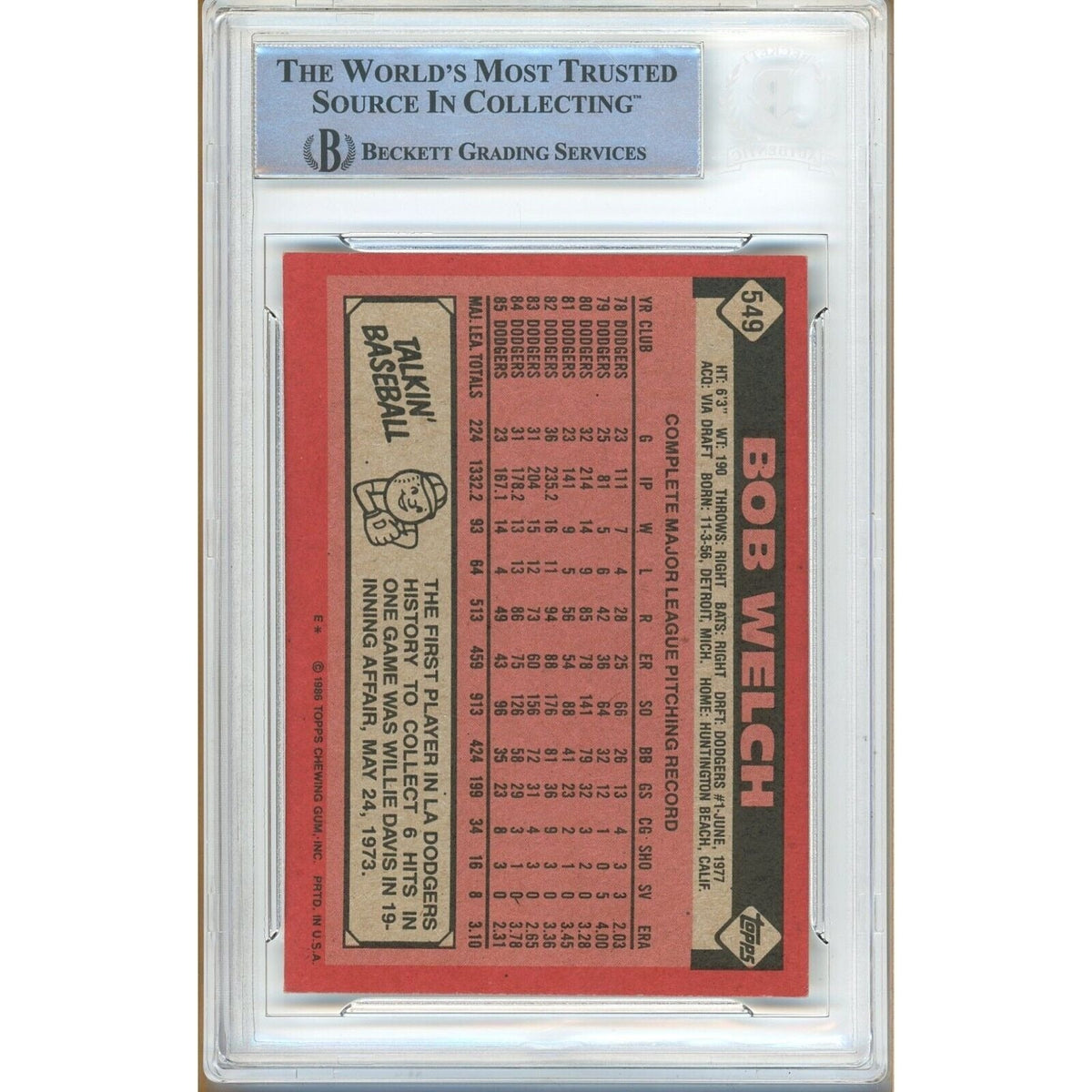 Bob Welch Los Angeles Dodgers Signed 1986 Topps Baseball Card Beckett Auth Auto Slab product image 3, provided for visual