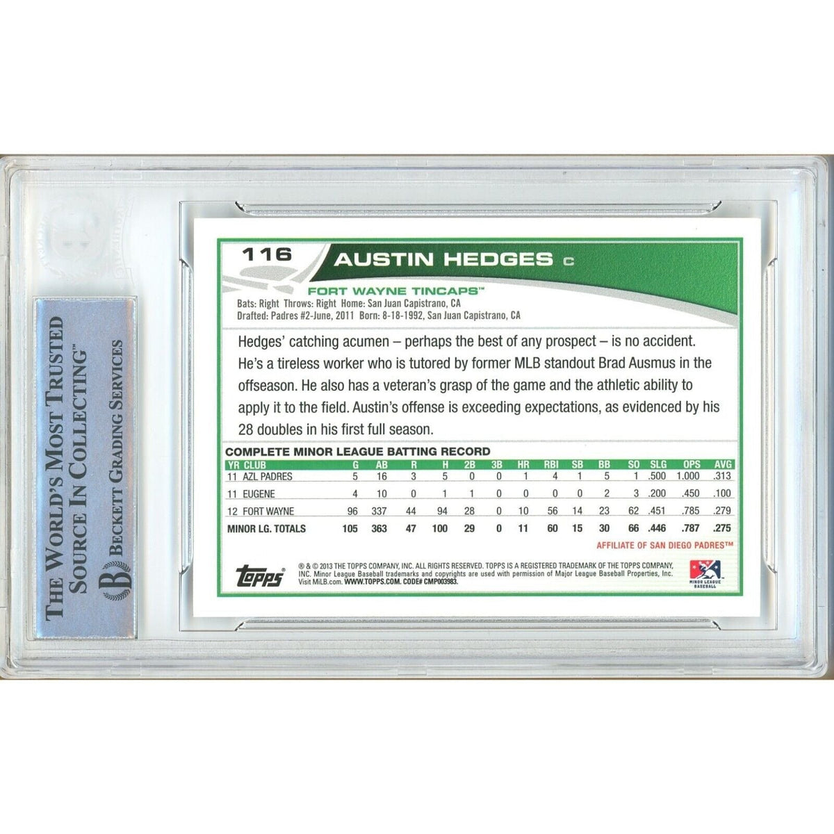 Austin Hedges Cleveland Guardians Signed 2013 Topps Pro Debut Card BAS Auth Auto Slab product image 2, provided for visual