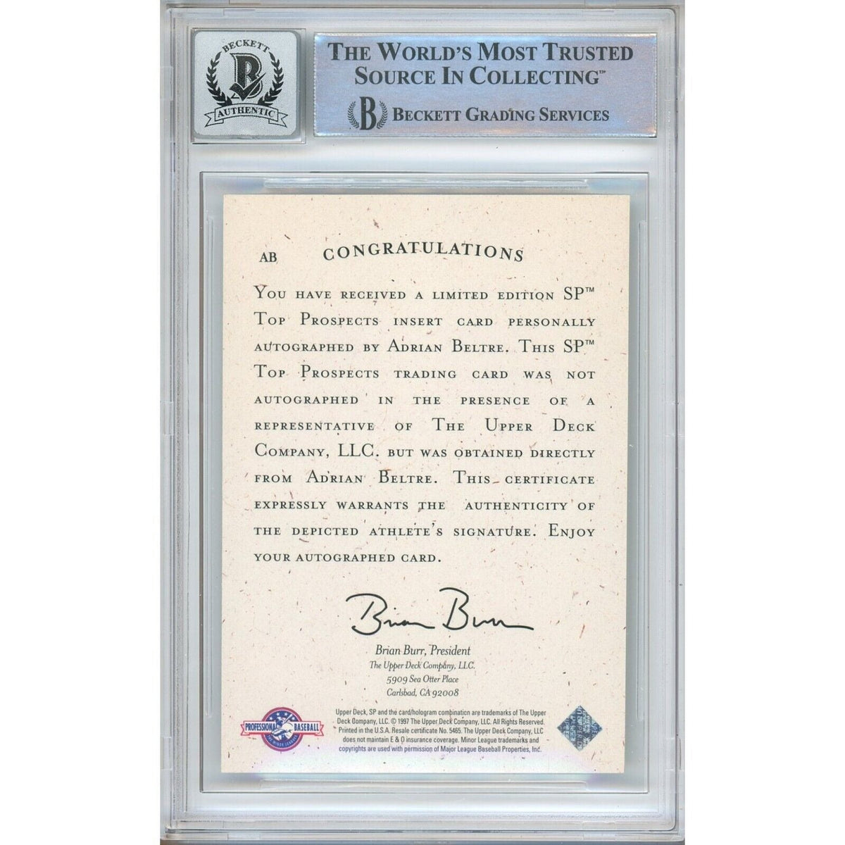 Adrian Beltre Signed 1998 SP Top Prospects Rookie #AB BGS Auto 10 Slab HOF RC product image 2, provided for visual reference