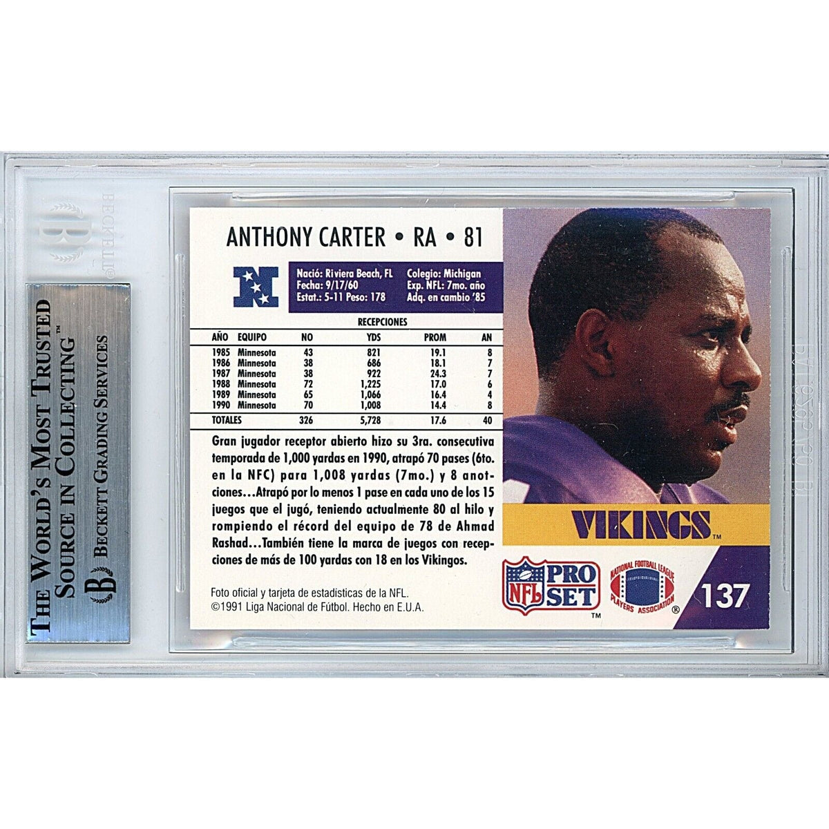 Anthony Carter Minnesota Vikings Signed 1991 NFL Pro Set Card Beckett Authentic Auto Slab product image 2, provided for