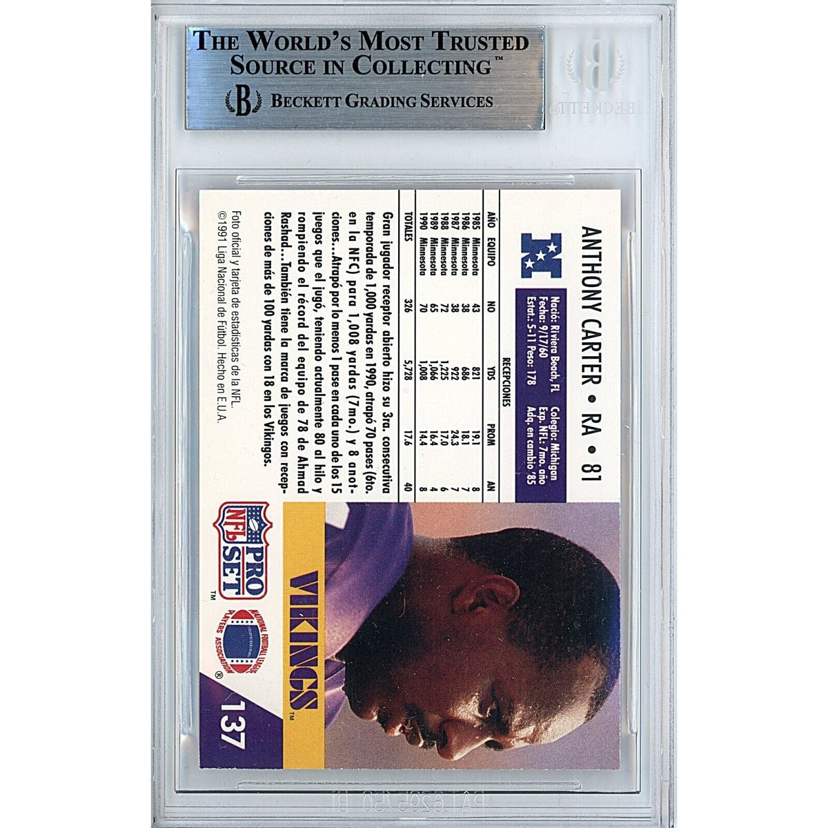 Anthony Carter Minnesota Vikings Signed 1991 NFL Pro Set Card Beckett Authentic Auto Slab product image 3, provided for