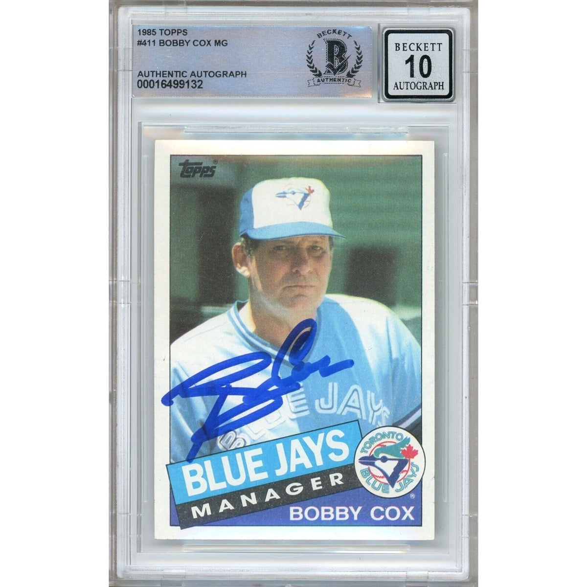 Bobby Cox Toronto Blue Jays Signed 1985 Topps Baseball Card BAS Auth BGS Auto 10 Slab product image 1, provided for visual