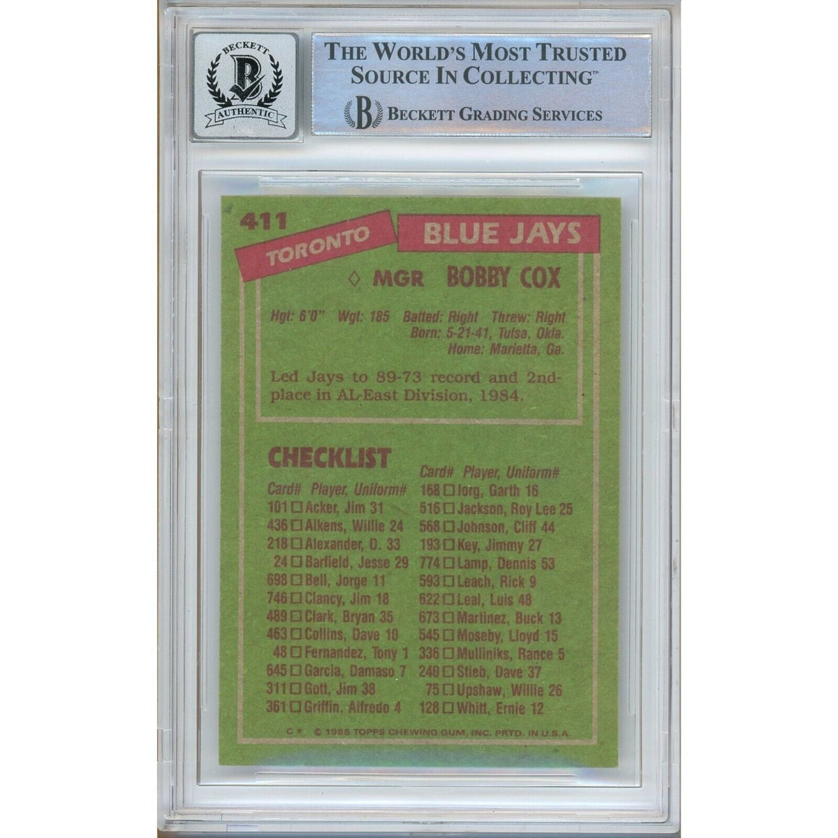 Bobby Cox Toronto Blue Jays Signed 1985 Topps Baseball Card BAS Auth BGS Auto 10 Slab product image 2, provided for visual