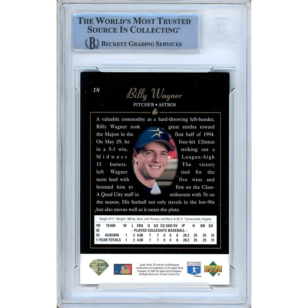 Billy Wagner Astros Signed 1994 Upper Deck SP Foil Rookie Card Beckett Authentic Auto Slab product image 2, provided for