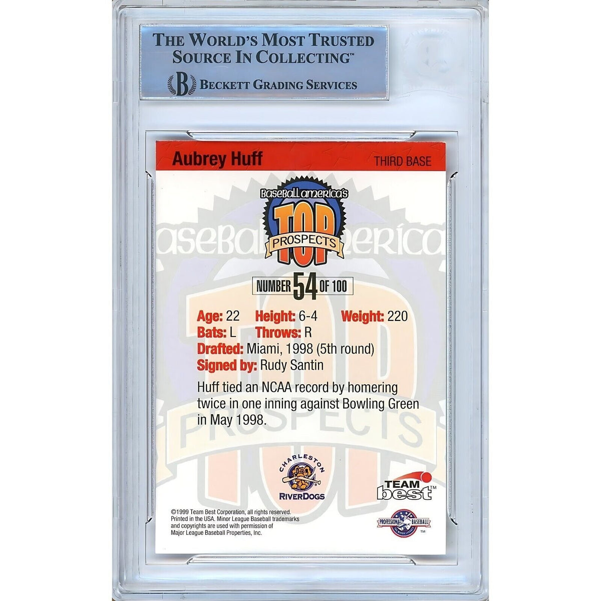Aubrey Huff Signed 1999 Baseball America Rookie Card SF Giants Beckett Auth Auto Slab product image 2, provided for visual