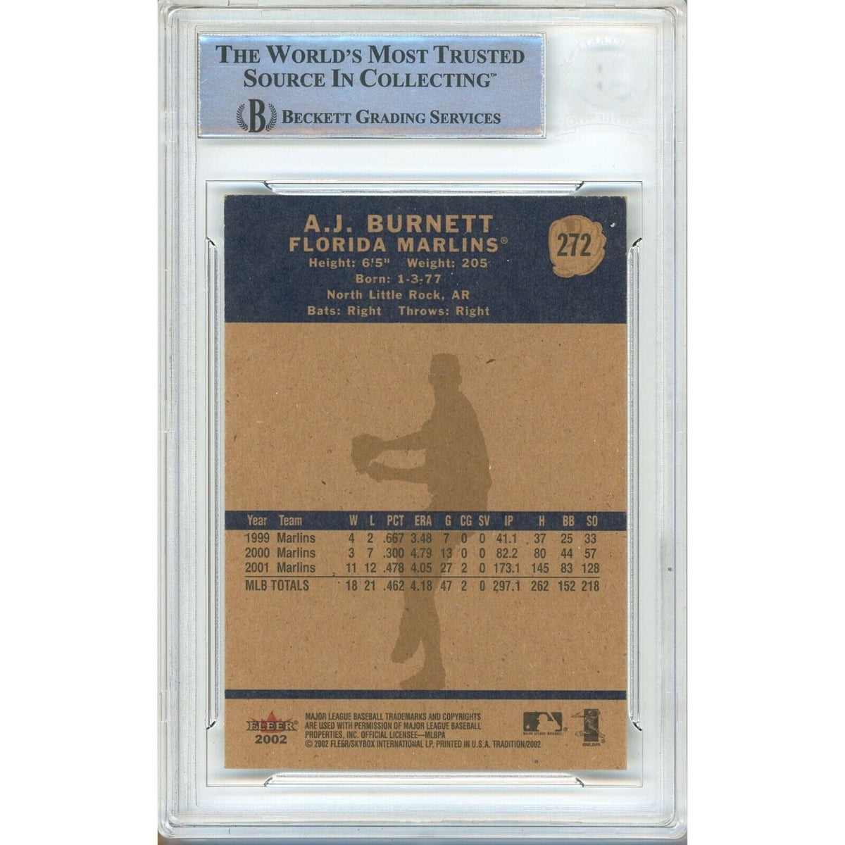 AJ Burnett Miami Marlins Signed 2002 Fleer Tradition #272 BAS Auth Auto Slab product image 2, provided for visual reference
