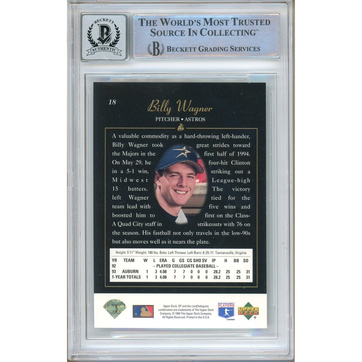 Billy Wagner Houston Astros Signed 1994 SP Foil Rookie Card BGS Auto 10 Graded Slab product image 2, provided for visual