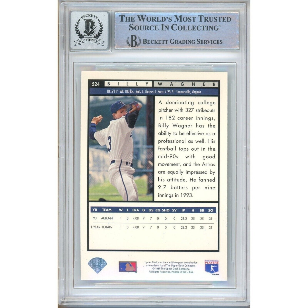 Billy Wagner Houston Astros Signed 1994 Upper Deck Electric Diamond BGS Auto 10 Slab product image 2, provided for visual