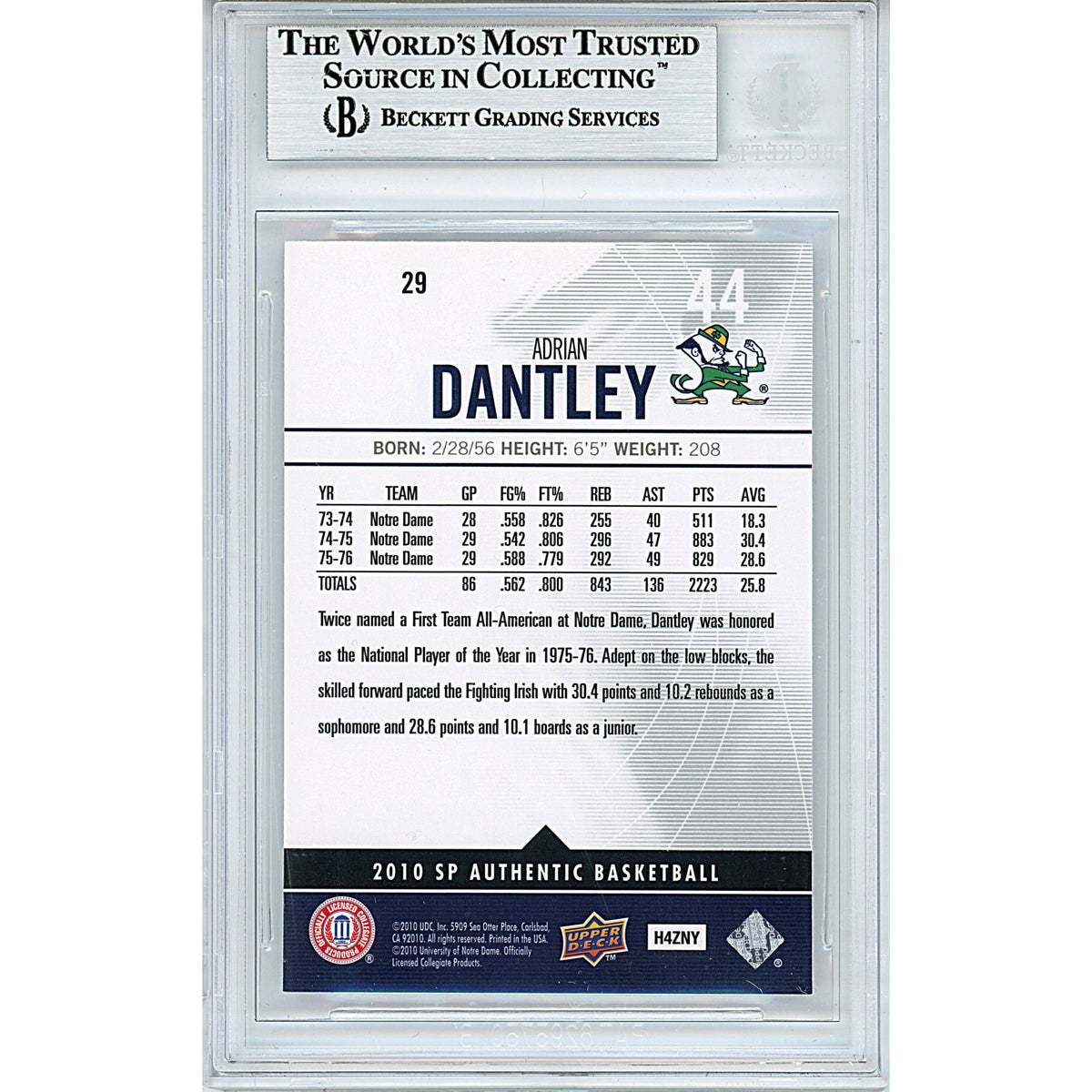 Adrian Dantley Signed Notre Dame 2010-2011 Upper Deck SP Authentic Card Beckett Slab product image 2, provided for visual