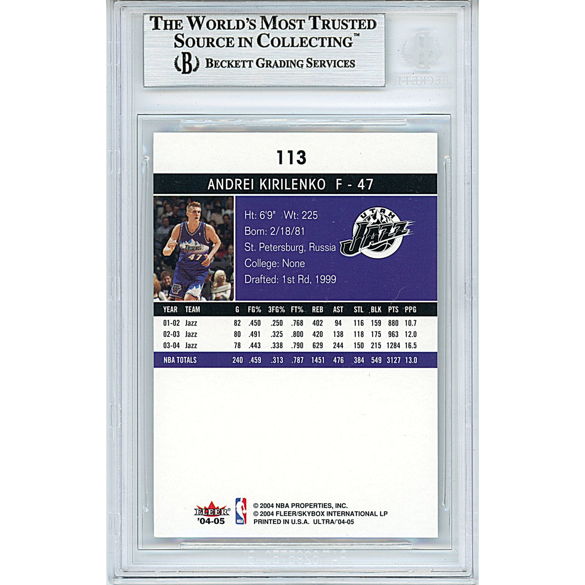 Andrei Kirilenko Utah Jazz Signed 2004-05 Fleer Ultra Basketball Card Beckett product image 2, provided for visual reference