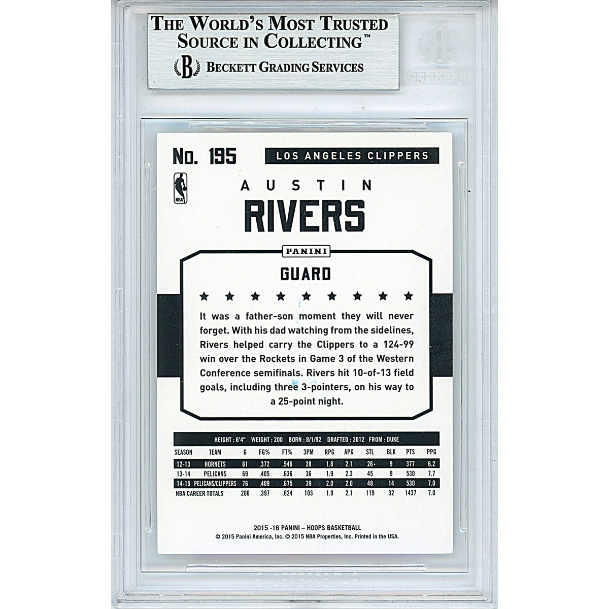 Austin Rivers Signed Los Angeles Clippers 2015-16 Hoops Basketball Card Beckett Auth Auto product image 2, provided for