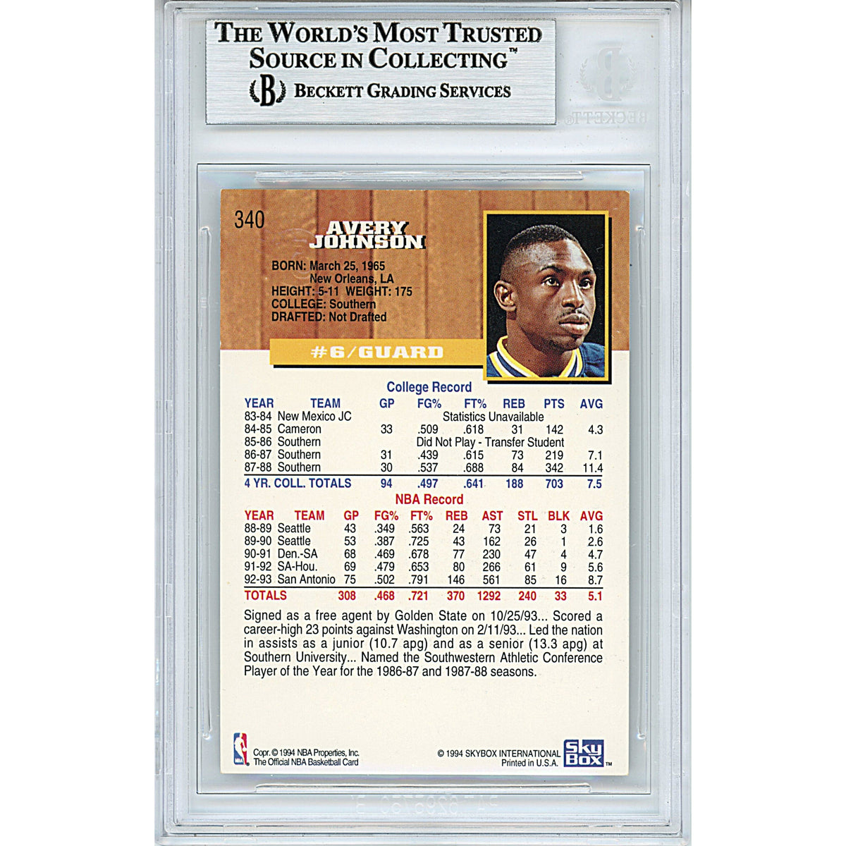 Avery Johnson Signed Golden State Warriors 1993-1994 Hoops Gold Basketball Card BAS product image 2, provided for visual