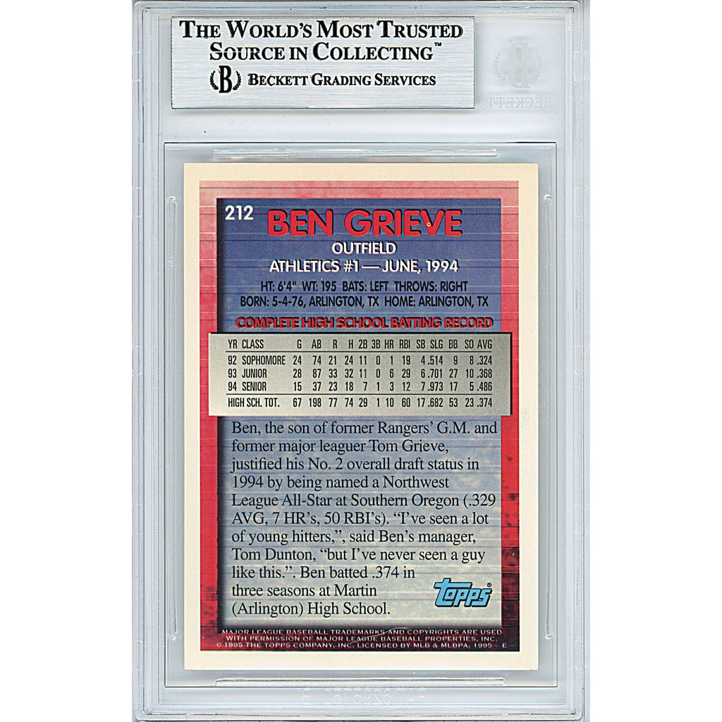 Ben Grieve Oakland Athletics Signed 1995 Topps Rookie Baseball Card Beckett Auth Auto product image 2, provided for visual
