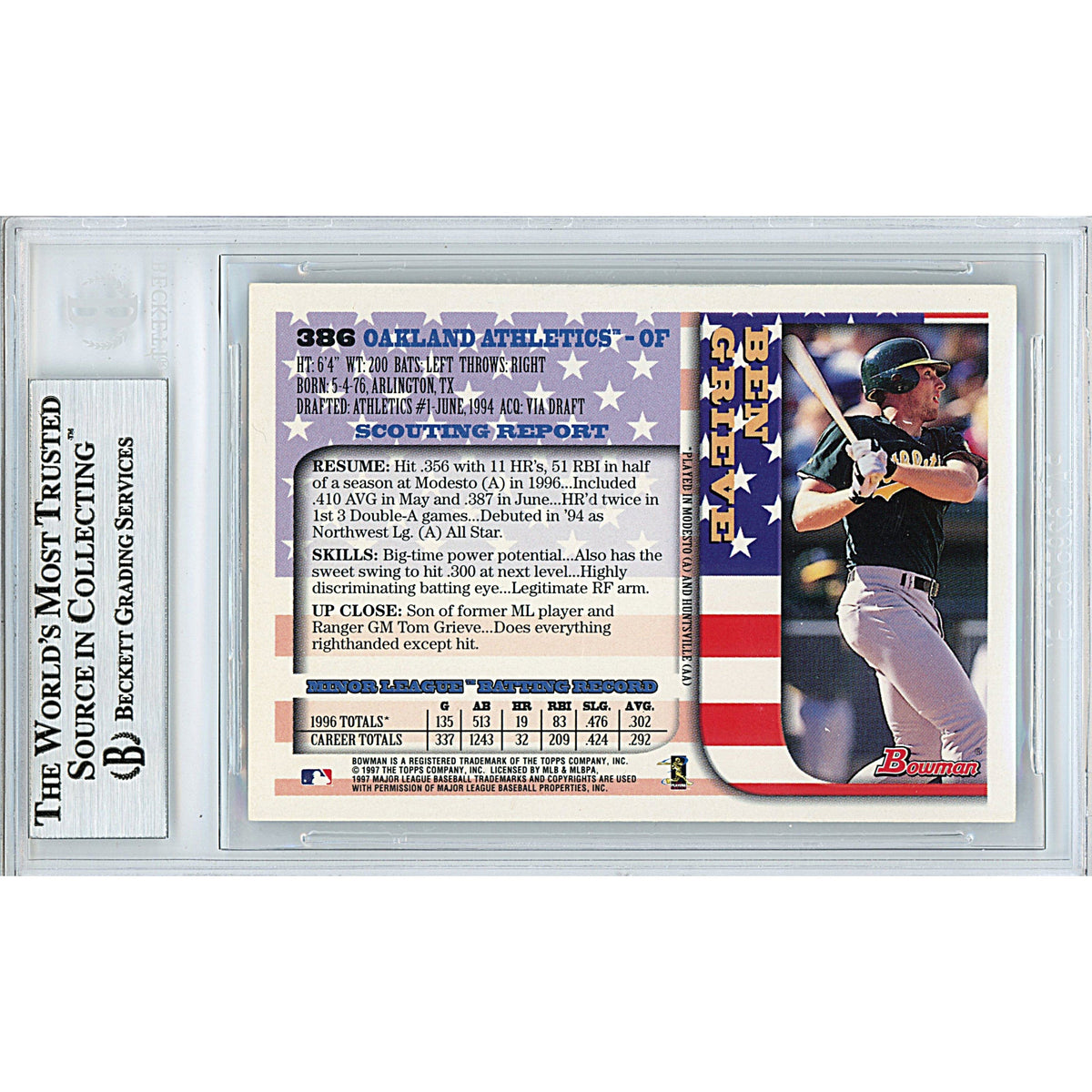 Ben Grieve Autographed Oakland Athletics A's 1997 Bowman Baseball Card Beckett product image 2, provided for visual
