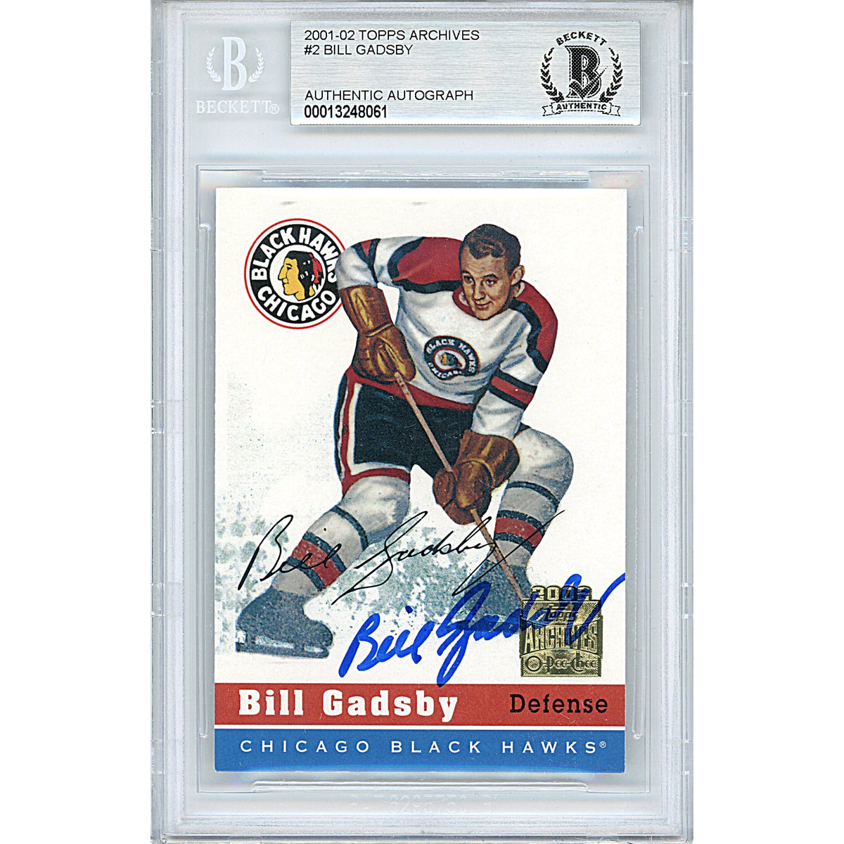 Bill Gadsby Signed Chicago Blackhawks 2001-02 Topps Archives Hockey Card Beckett Slab product image 1, provided for visual