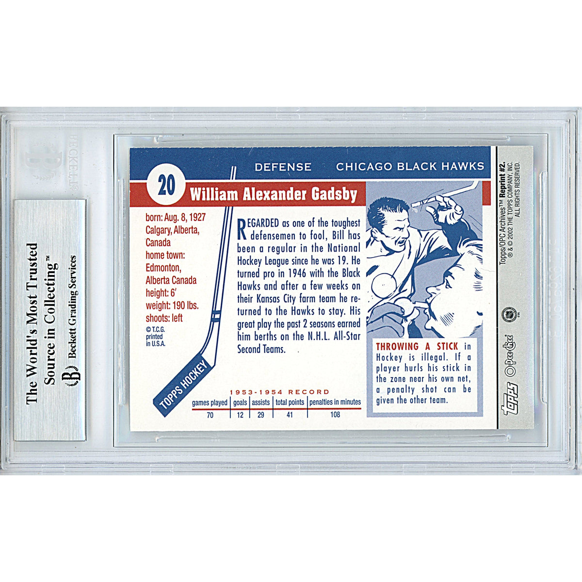 Bill Gadsby Signed Chicago Blackhawks 2001-02 Topps Archives Hockey Card Beckett Slab product image 2, provided for visual