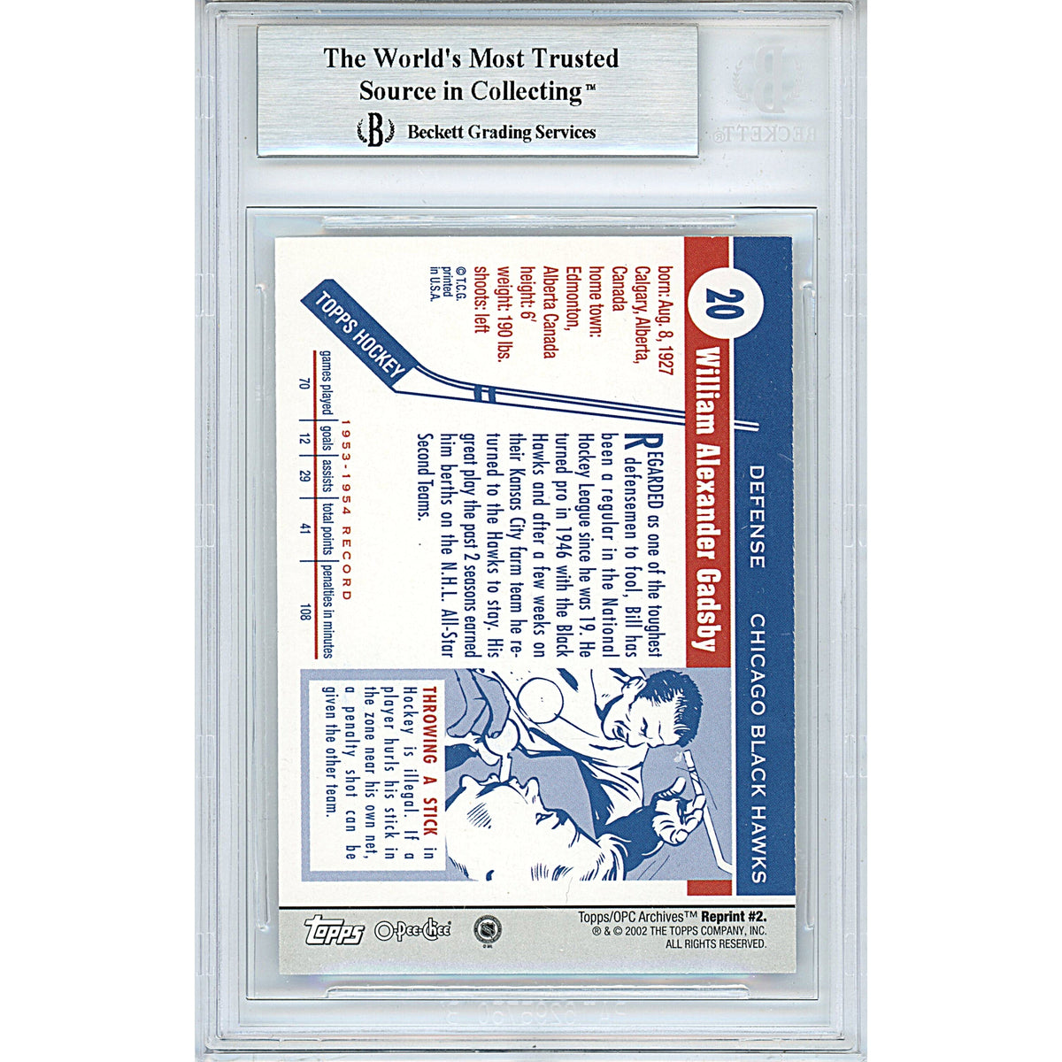 Bill Gadsby Signed Chicago Blackhawks 2001-02 Topps Archives Hockey Card Beckett Slab product image 3, provided for visual