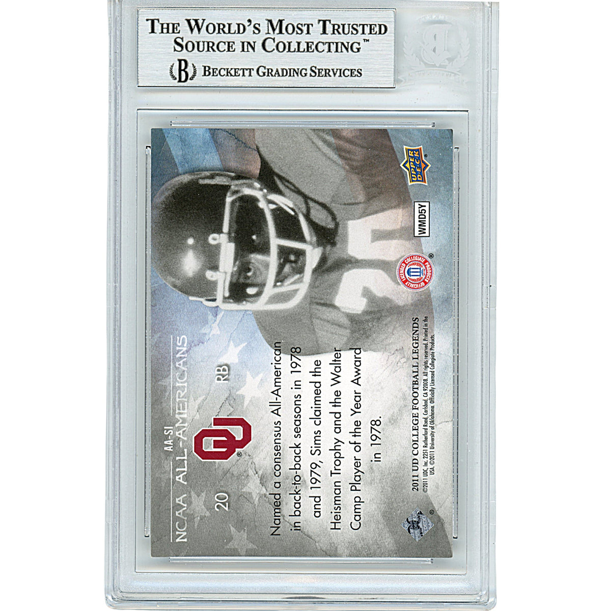 Billy Sims Signed OU Sooners 2011 College Legends Football Card Beckett Auth Auto Slab product image 3, provided for visual