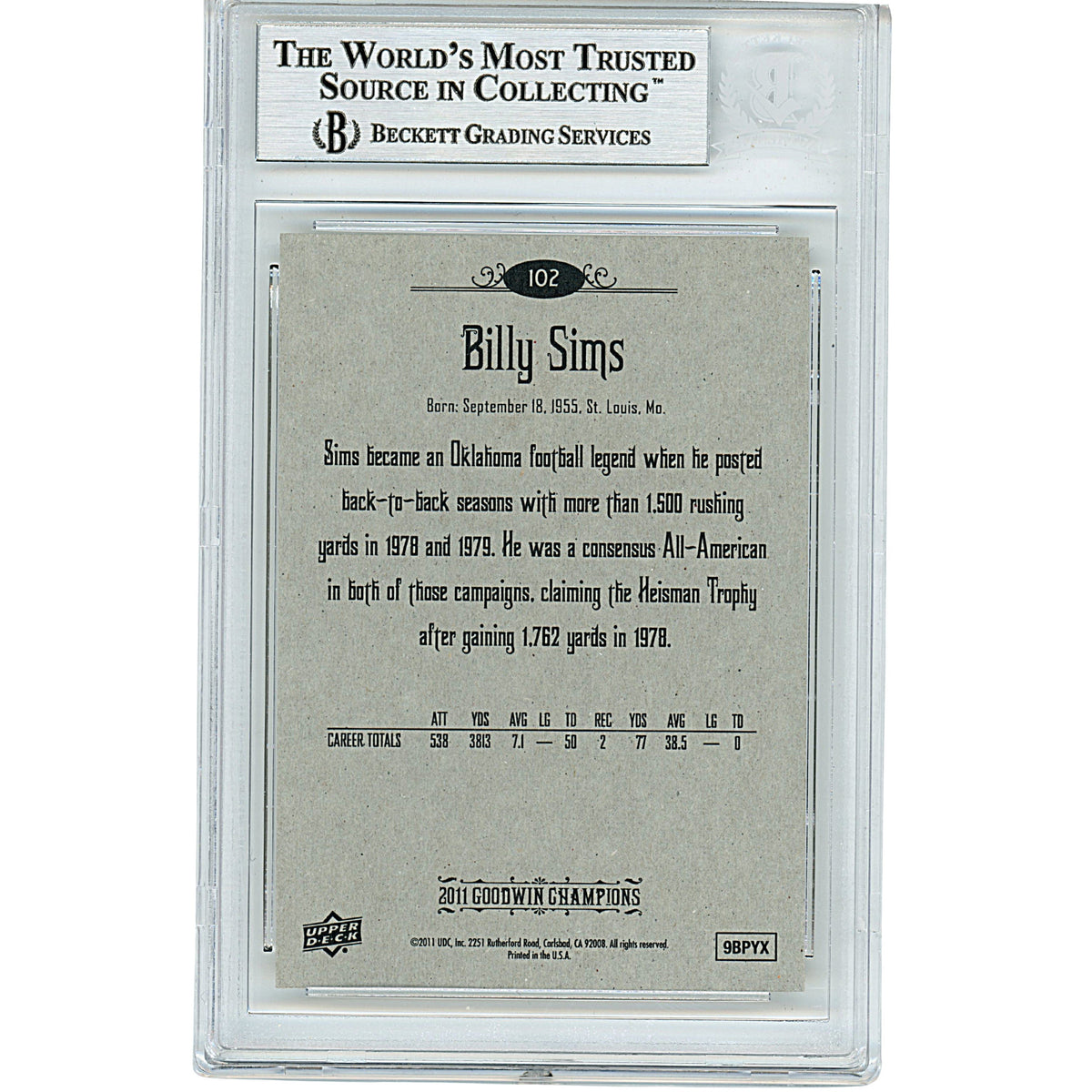 Billy Sims Autographed OU Sooners 2011 Goodwin Champions Football Card Beckett Slab product image 2, provided for visual