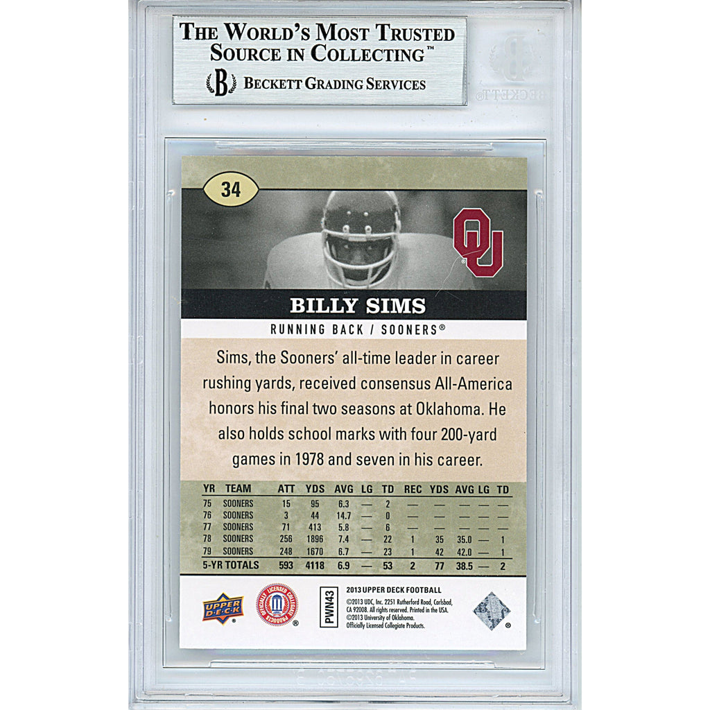 Billy Sims Signed Oklahoma Sooners 2013 Upper Deck Football Card Beckett Auth Auto Slab product image 2, provided for visual