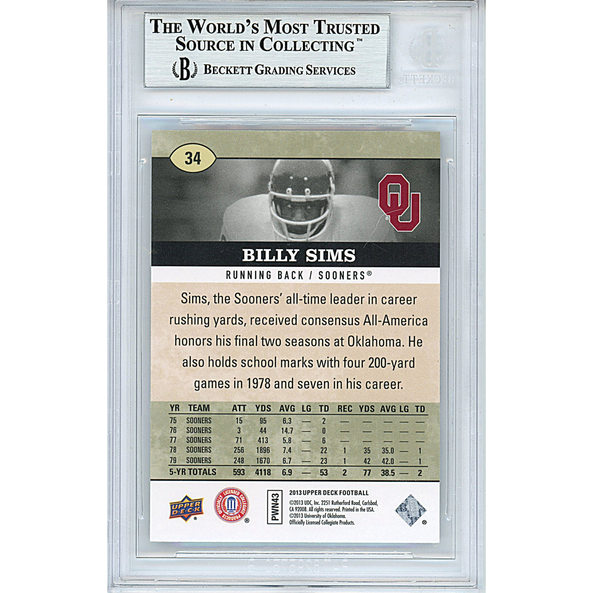 Billy Sims Signed Oklahoma Sooners 2013 Upper Deck Football Card Beckett Auth Auto Slab product image 2, provided for visual
