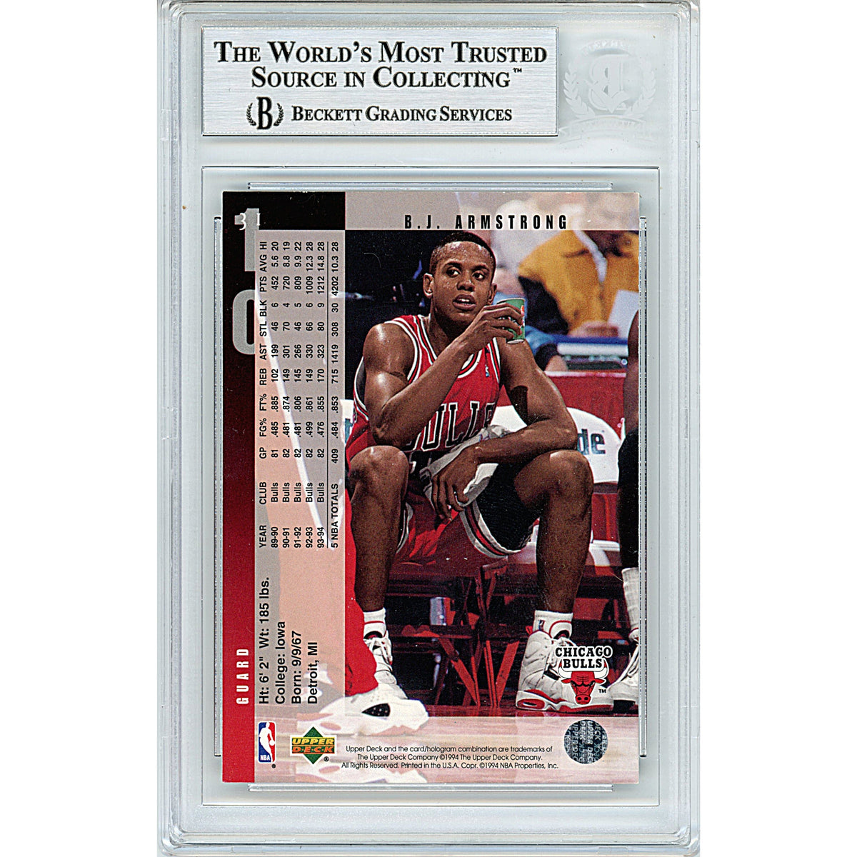 BJ Armstrong Signed Chicago Bulls 1994-94 Upper Deck Basketball Card Beckett Slabbed product image 2, provided for visual