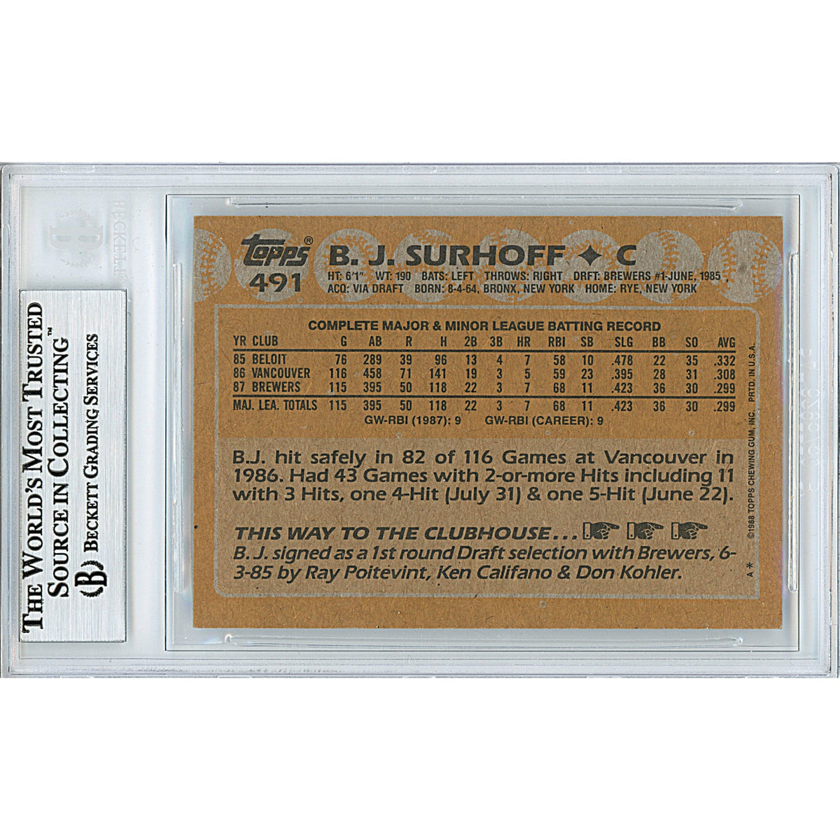 BJ Surhoff Autographed Milwaukee Brewers 1988 Topps Baseball Card Beckett Auth Auto product image 2, provided for visual