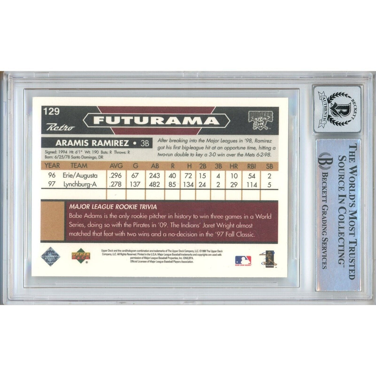 Aramis Ramirez Pittsburgh Pirates Signed 1998 Upper Deck Futurama BGS Auto 10 Graded product image 2, provided for visual
