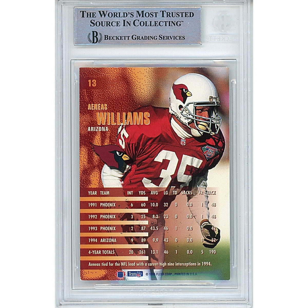 Aeneas Williams Arizona Cardinals Signed 1995 Fleer Football Card BAS Auth Auto Slab product image 2, provided for visual