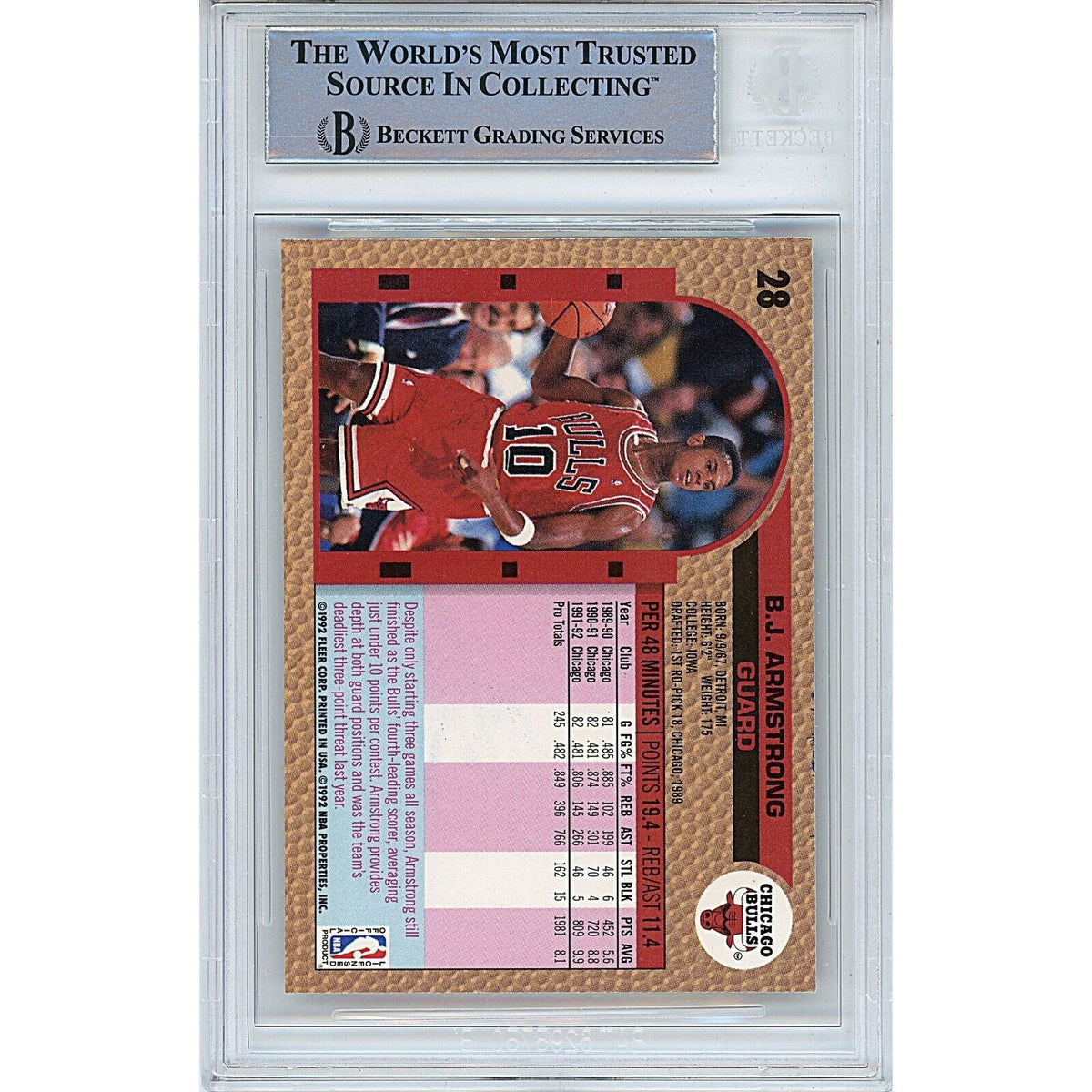 BJ Armstrong Chicago Bulls Signed 1992-93 Fleer Basketball Card Beckett Auth Auto Slab product image 3, provided for visual