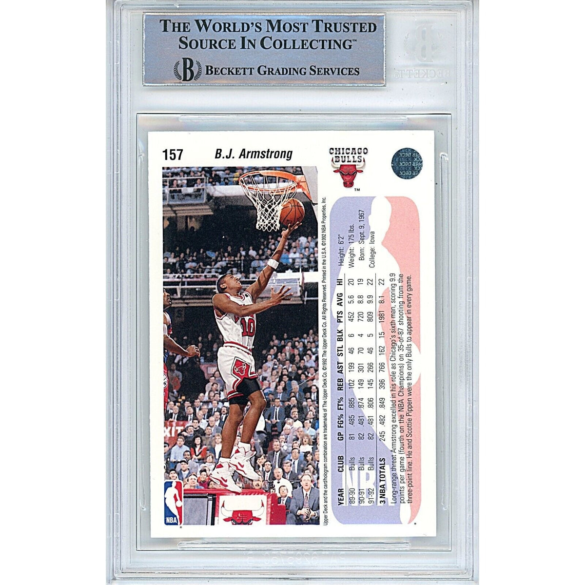 BJ Armstrong Chicago Bulls Signed 1992 Upper Deck Basketball Card BAS Auth Auto Slab product image 2, provided for visual
