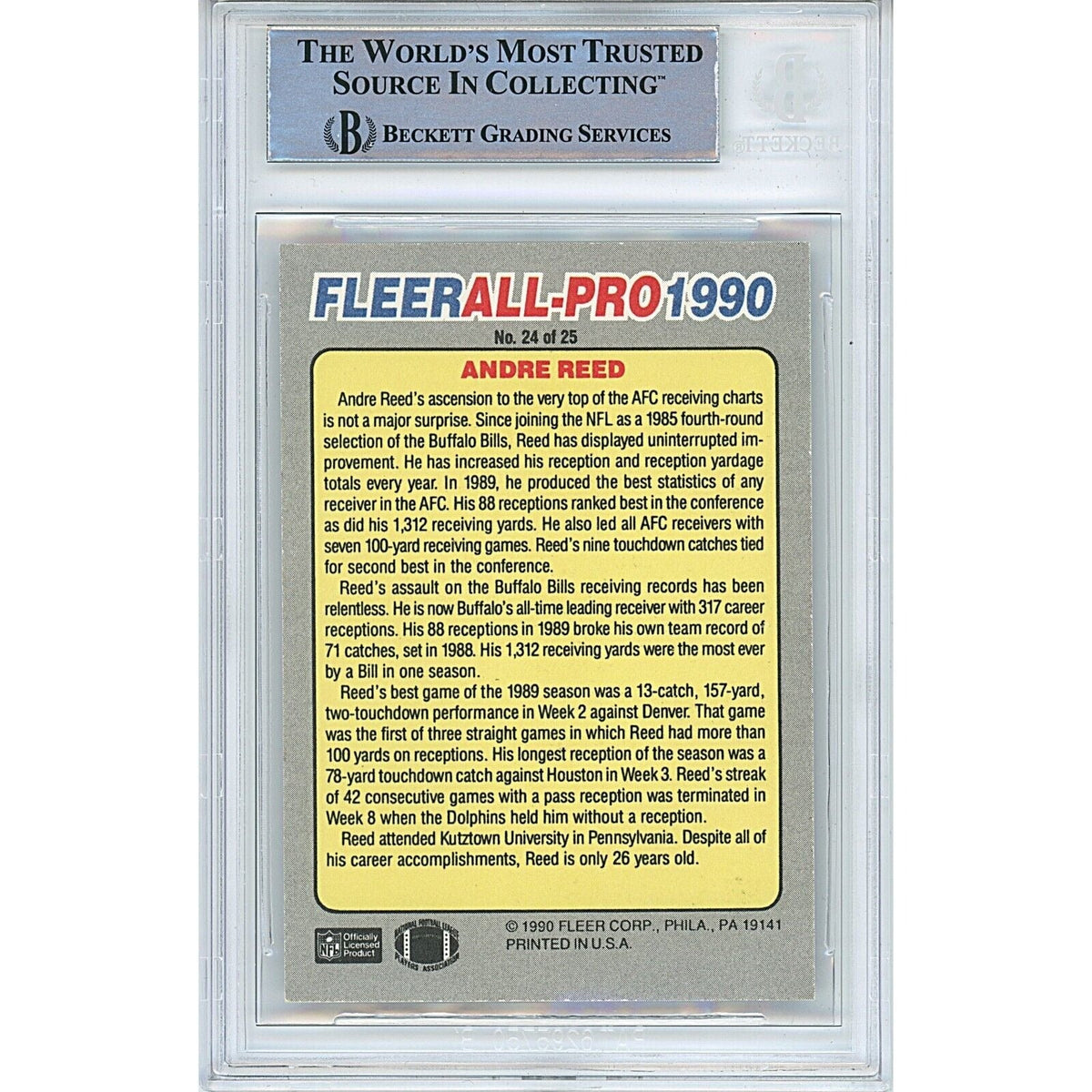Andre Reed Buffalo Bills Signed 1990 Fleer Football Card Beckett Authentic Auto Slab HOF product image 2, provided for