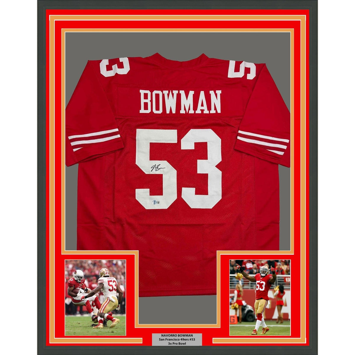 Framed Autographed/Signed NaVorro Bowman 35x39 SF Red Jersey Beckett COA product image 1, provided for visual reference and