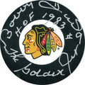 Bobby Hull "HOF 1983, Golden Jet" Autographed Chicago Blackhawks Puck product image 1, provided for visual reference and