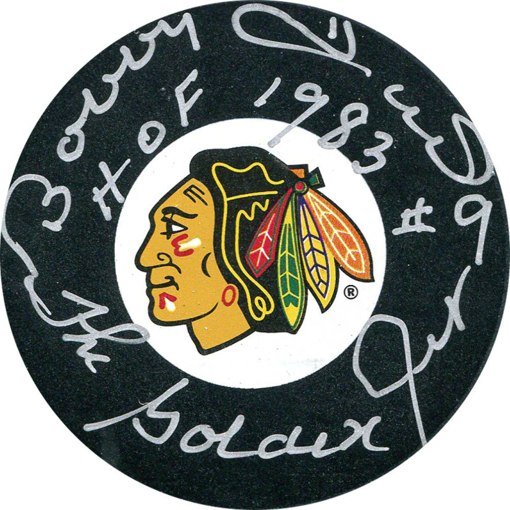 Bobby Hull "HOF 1983, Golden Jet" Autographed Chicago Blackhawks Puck product image 1, provided for visual reference and